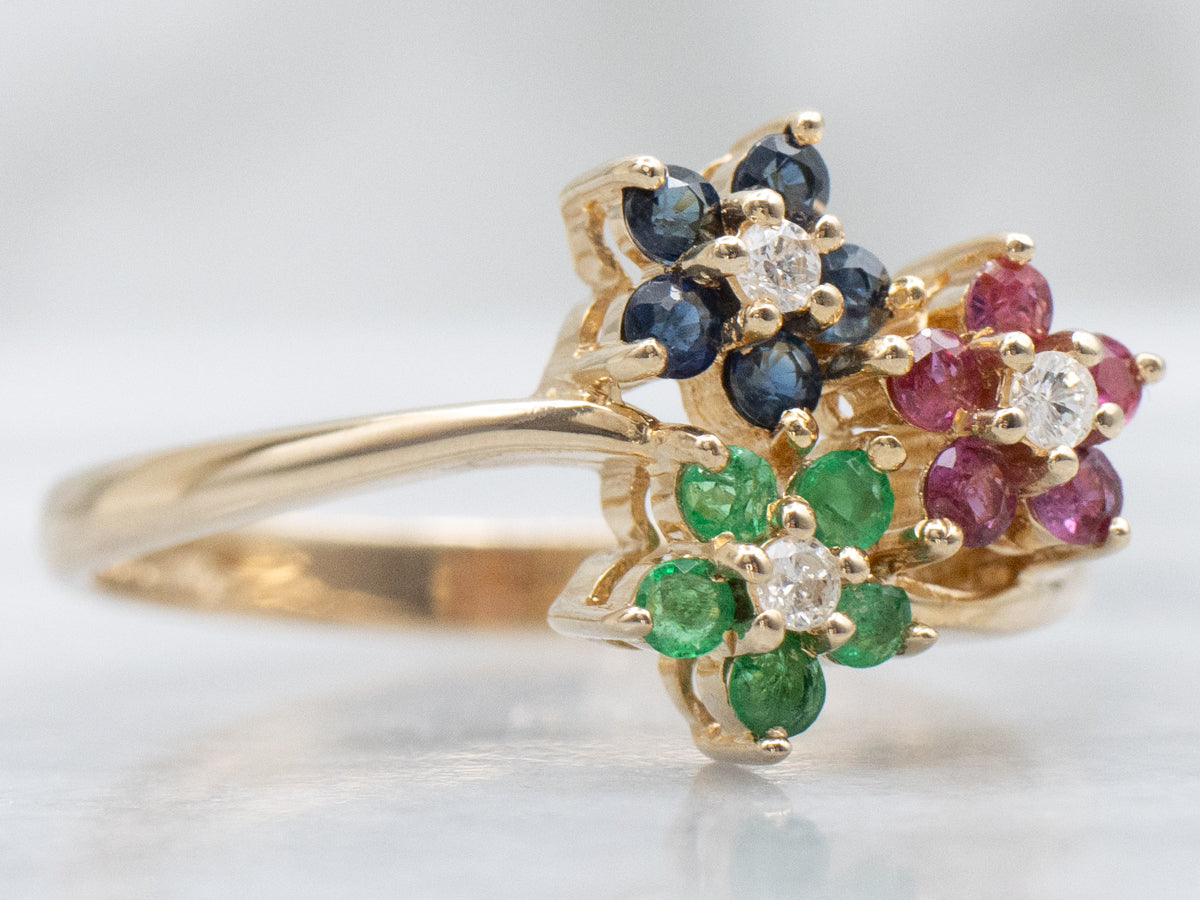 Precious-Gemstone Multi-Flower and Gold Bypass Ring