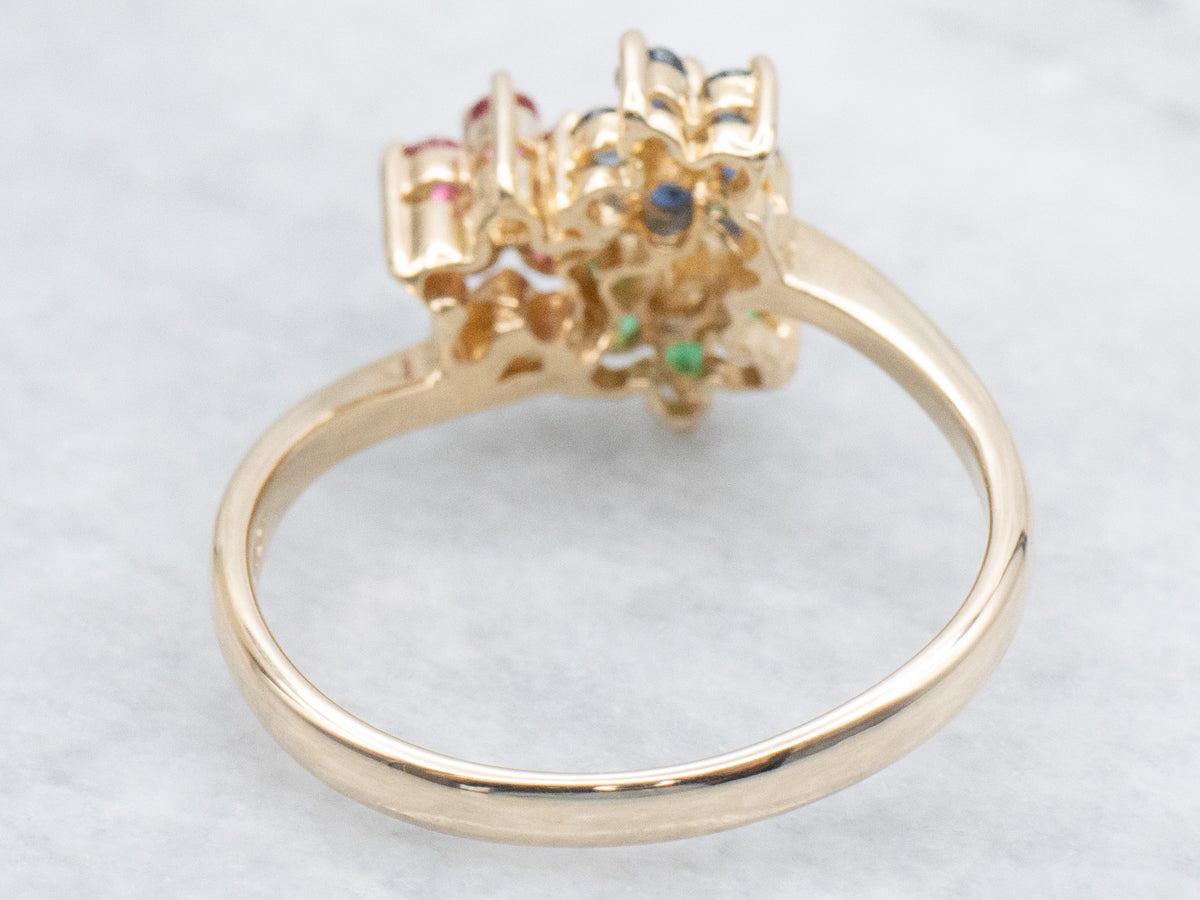 Precious-Gemstone Multi-Flower and Gold Bypass Ring