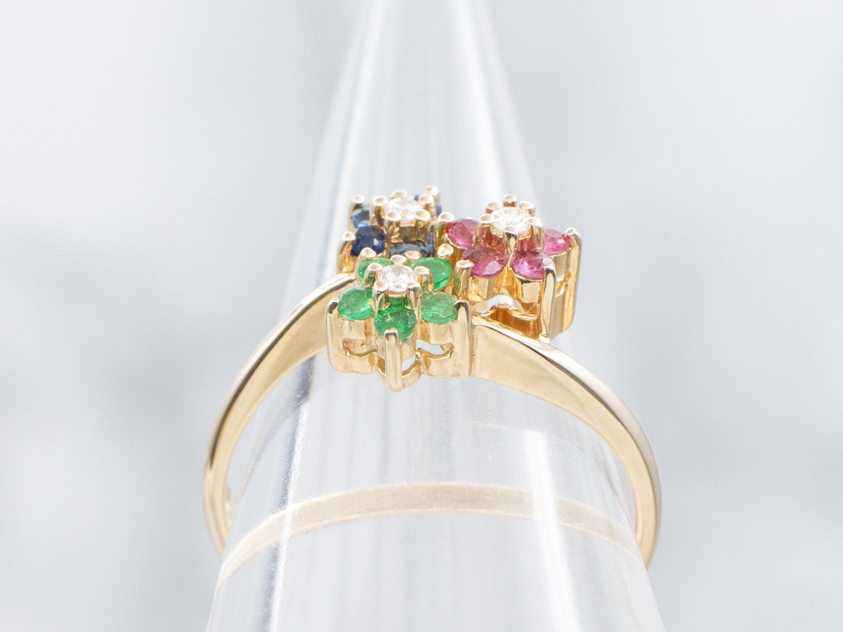Precious-Gemstone Multi-Flower and Gold Bypass Ring