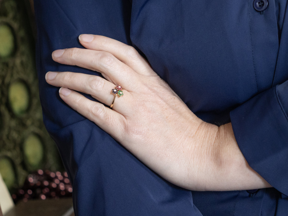 Precious-Gemstone Multi-Flower and Gold Bypass Ring