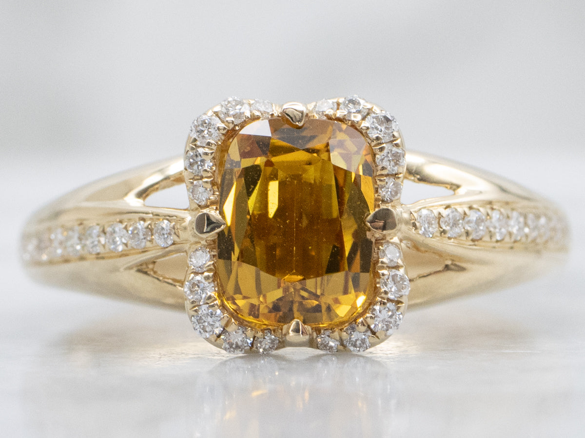 Natural Yellow Sapphire and Diamond Modern Gold Halo Ring