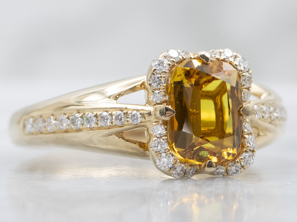 Natural Yellow Sapphire and Diamond Modern Gold Halo Ring