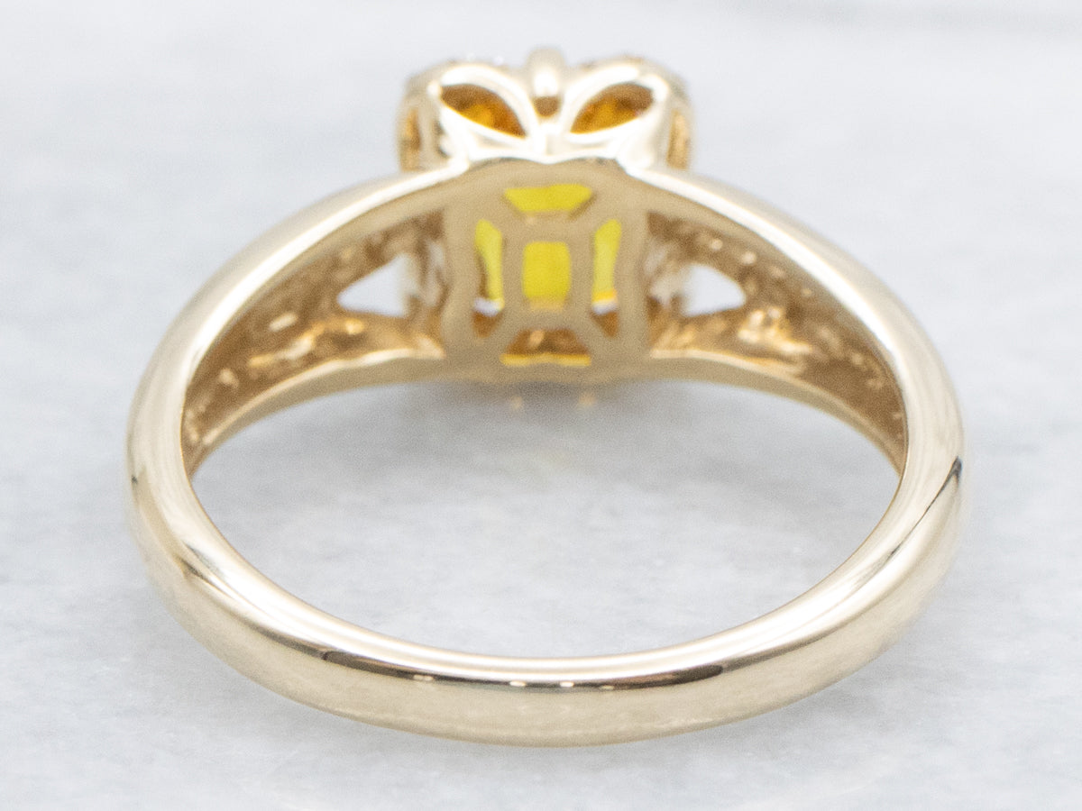 Natural Yellow Sapphire and Diamond Modern Gold Halo Ring
