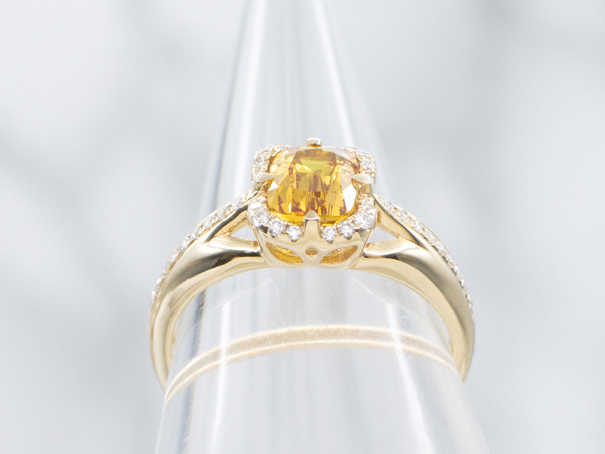 Natural Yellow Sapphire and Diamond Modern Gold Halo Ring