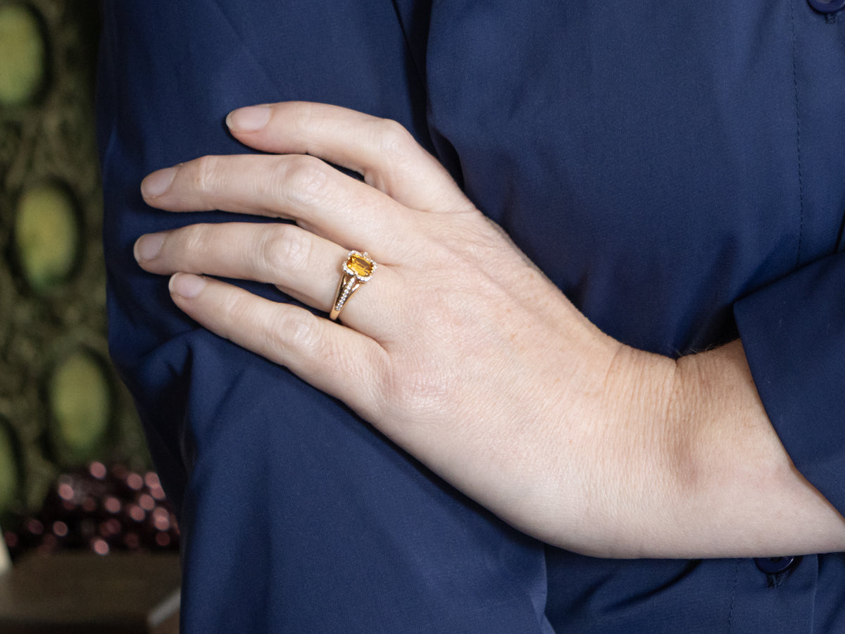 Natural Yellow Sapphire and Diamond Modern Gold Halo Ring