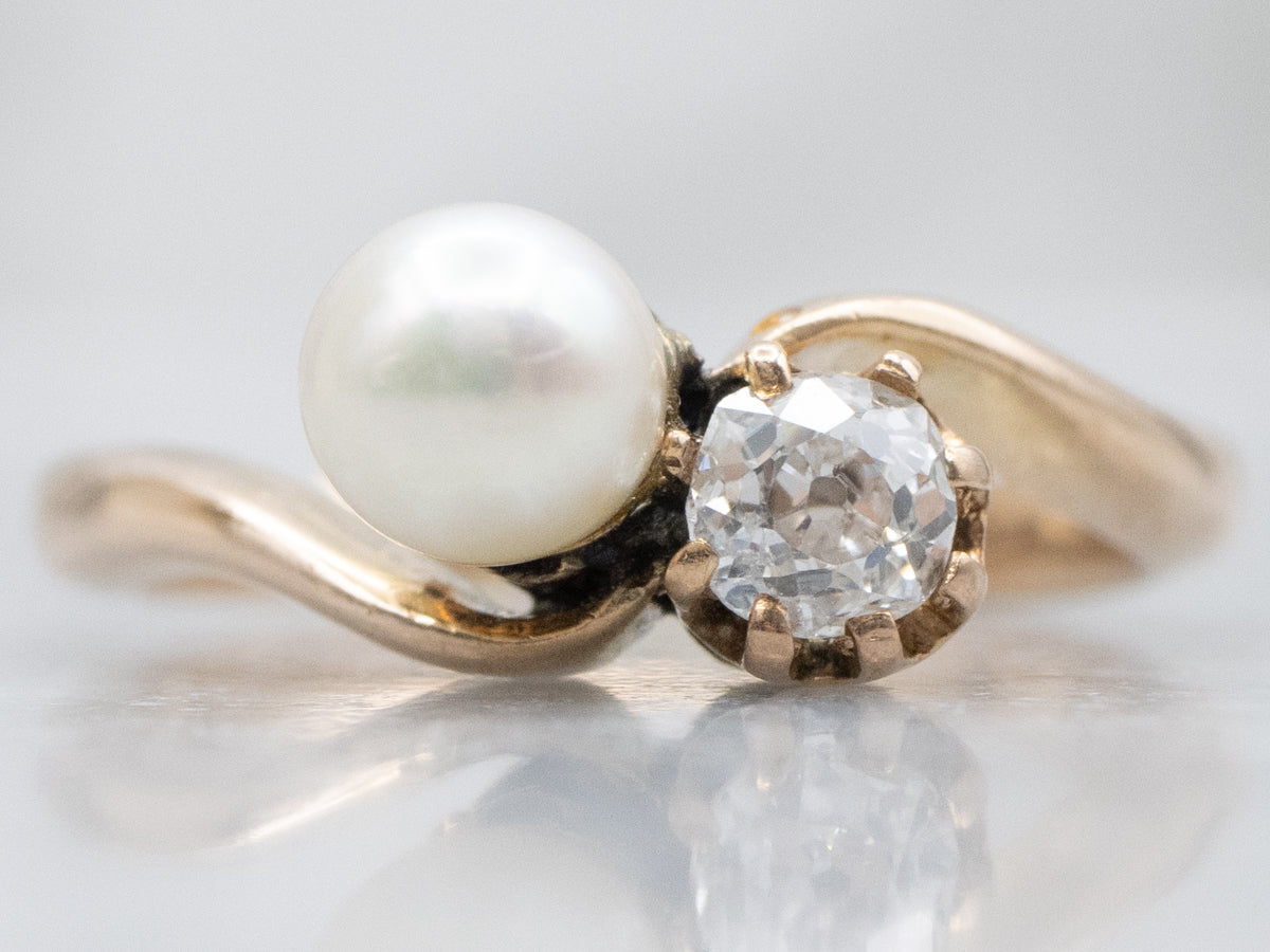 Antique Old Mine Cut Diamond and Saltwater Pearl Bypass Ring