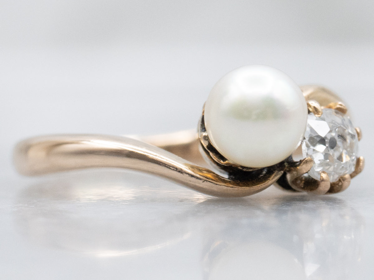 Antique Old Mine Cut Diamond and Saltwater Pearl Bypass Ring