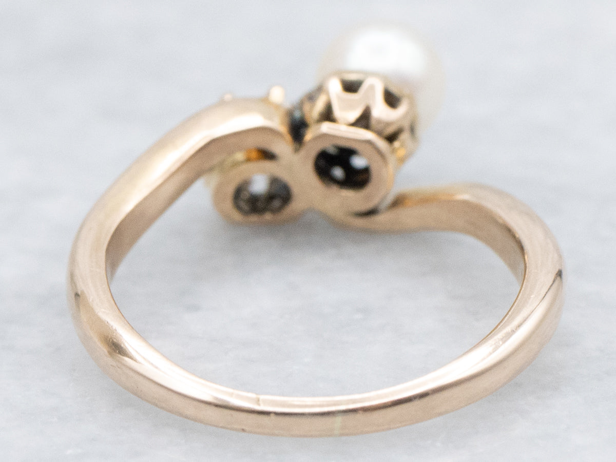 Antique Old Mine Cut Diamond and Saltwater Pearl Bypass Ring