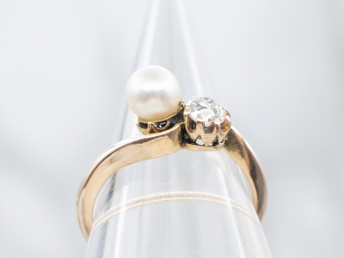 Antique Old Mine Cut Diamond and Saltwater Pearl Bypass Ring