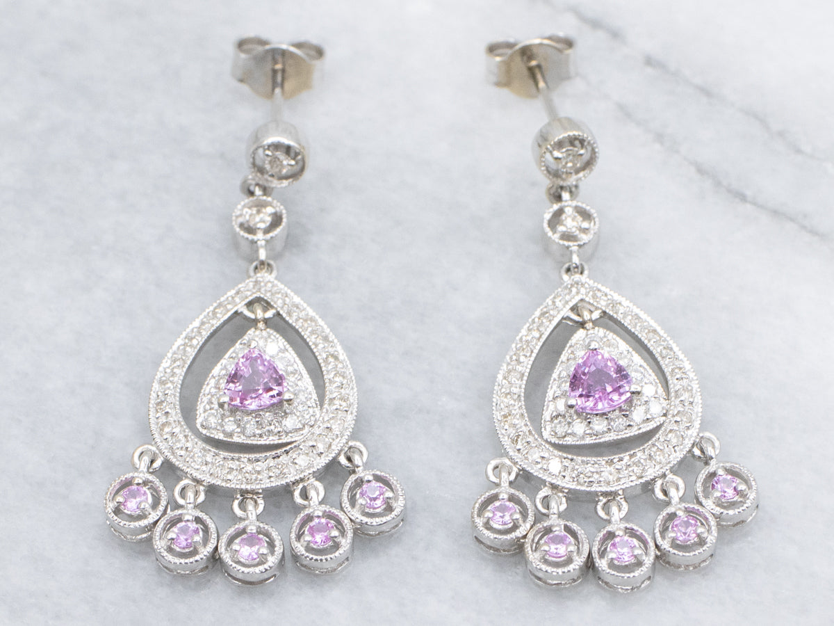 White Gold Pink Sapphire and Diamond Chandelier Earrings