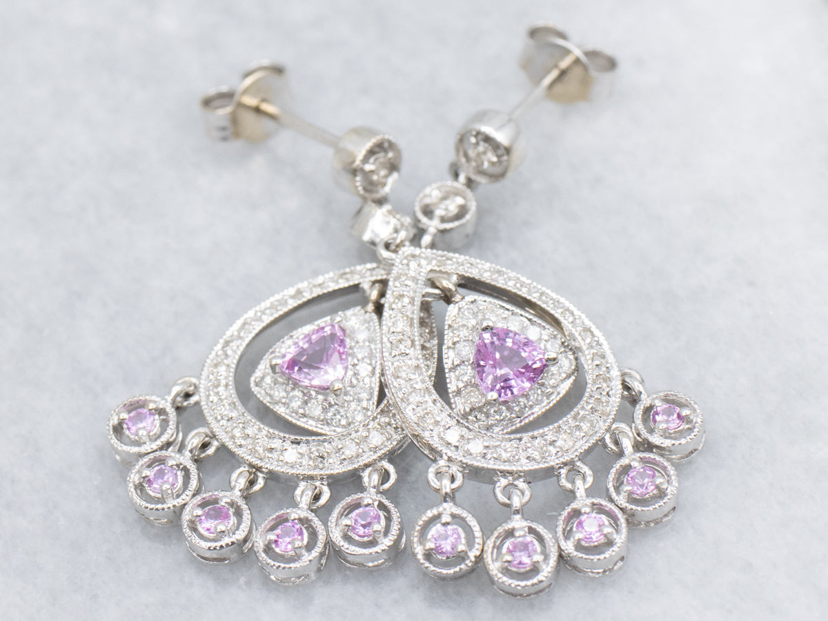 White Gold Pink Sapphire and Diamond Chandelier Earrings
