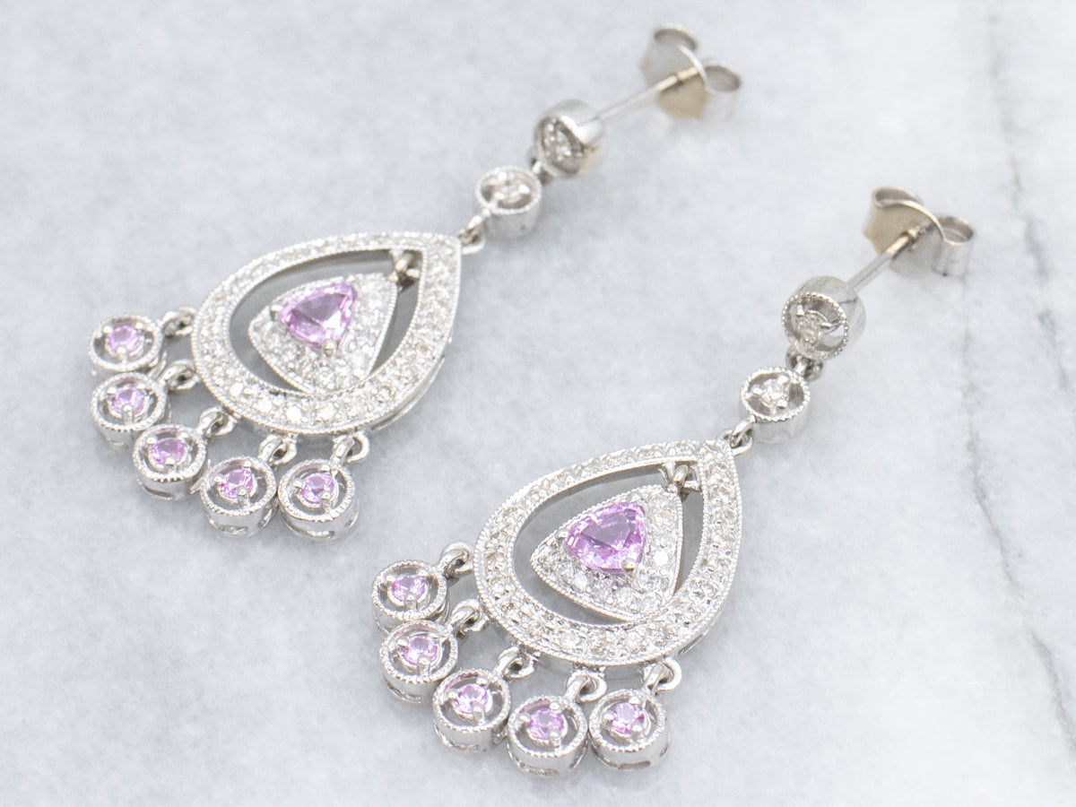 White Gold Pink Sapphire and Diamond Chandelier Earrings