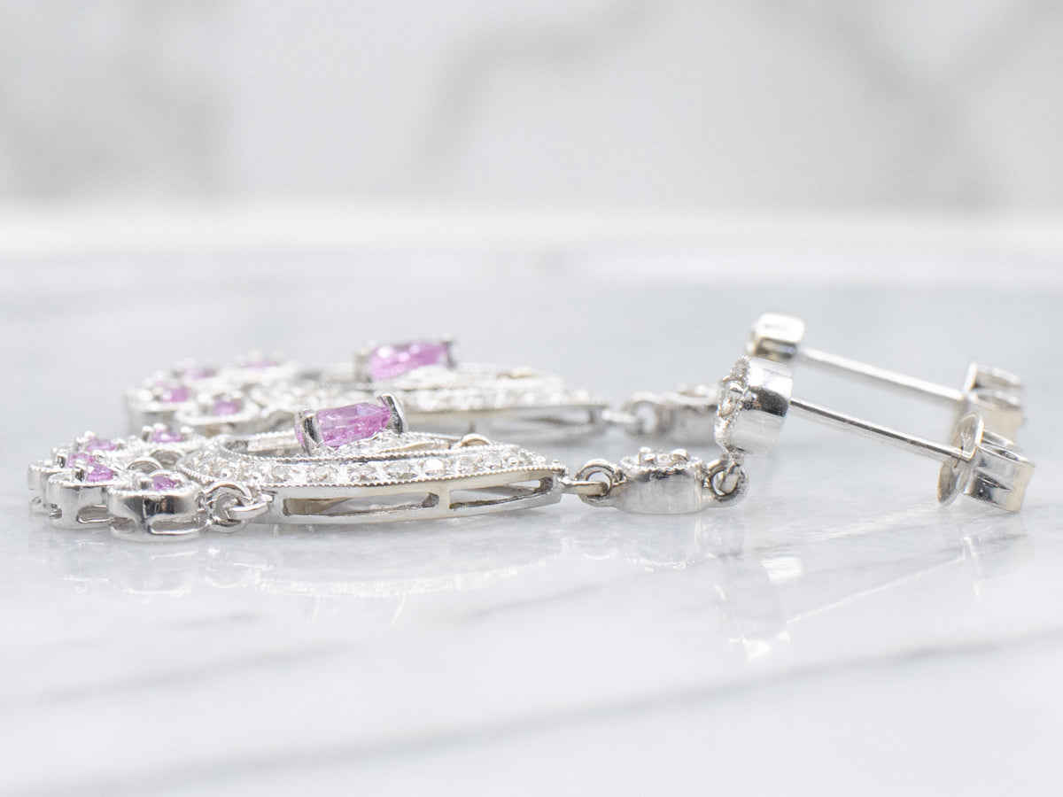 White Gold Pink Sapphire and Diamond Chandelier Earrings