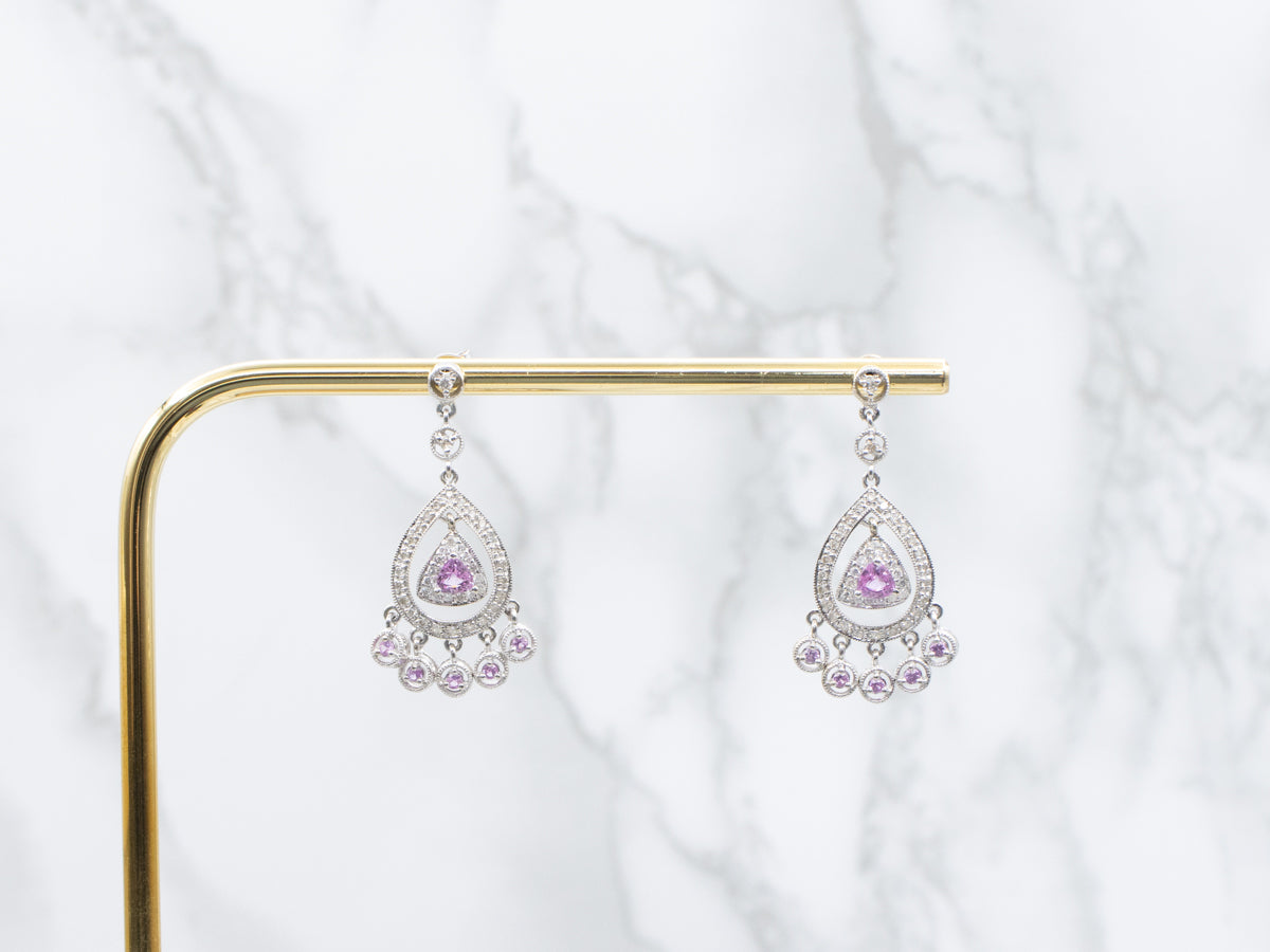 White Gold Pink Sapphire and Diamond Chandelier Earrings