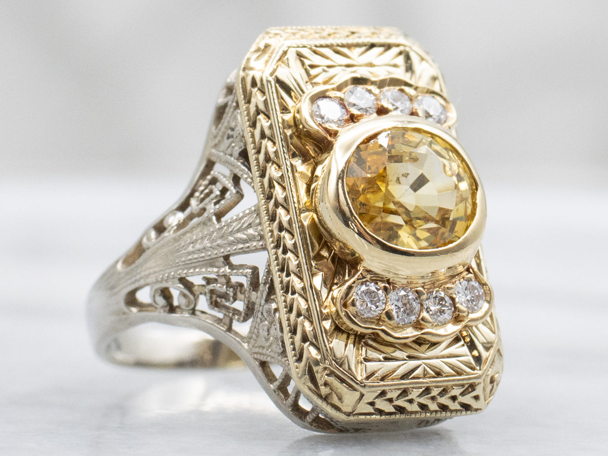Mix-Era Yellow Sapphire and Diamond Filigree Dinner Ring