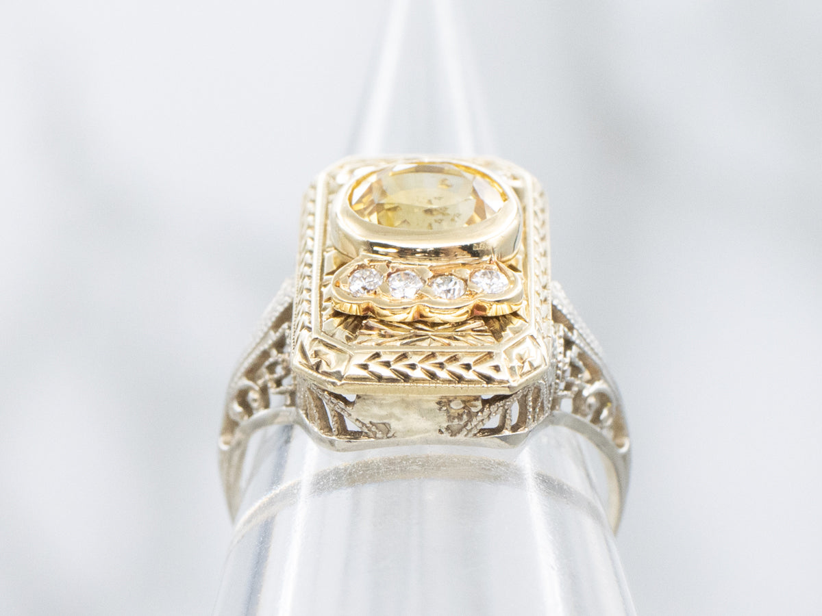 Mix-Era Yellow Sapphire and Diamond Filigree Dinner Ring