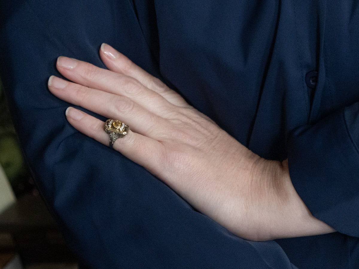 Mix-Era Yellow Sapphire and Diamond Filigree Dinner Ring