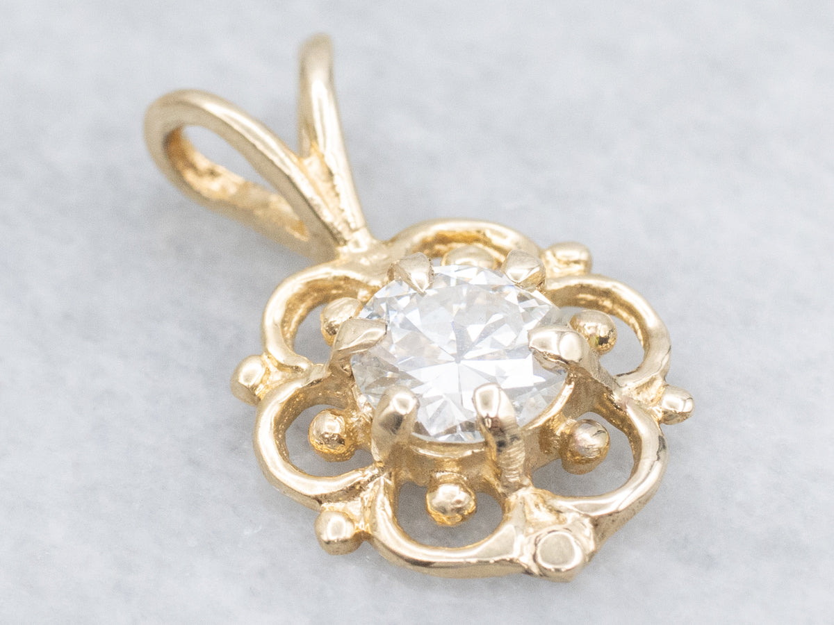 Scrolling Yellow Gold European Cut Diamond Pendant
