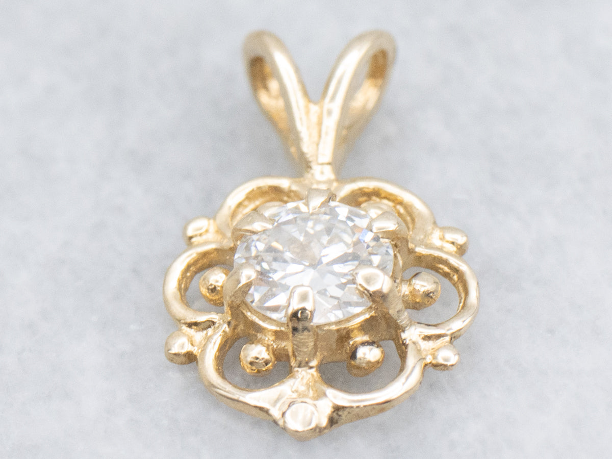 Scrolling Yellow Gold European Cut Diamond Pendant