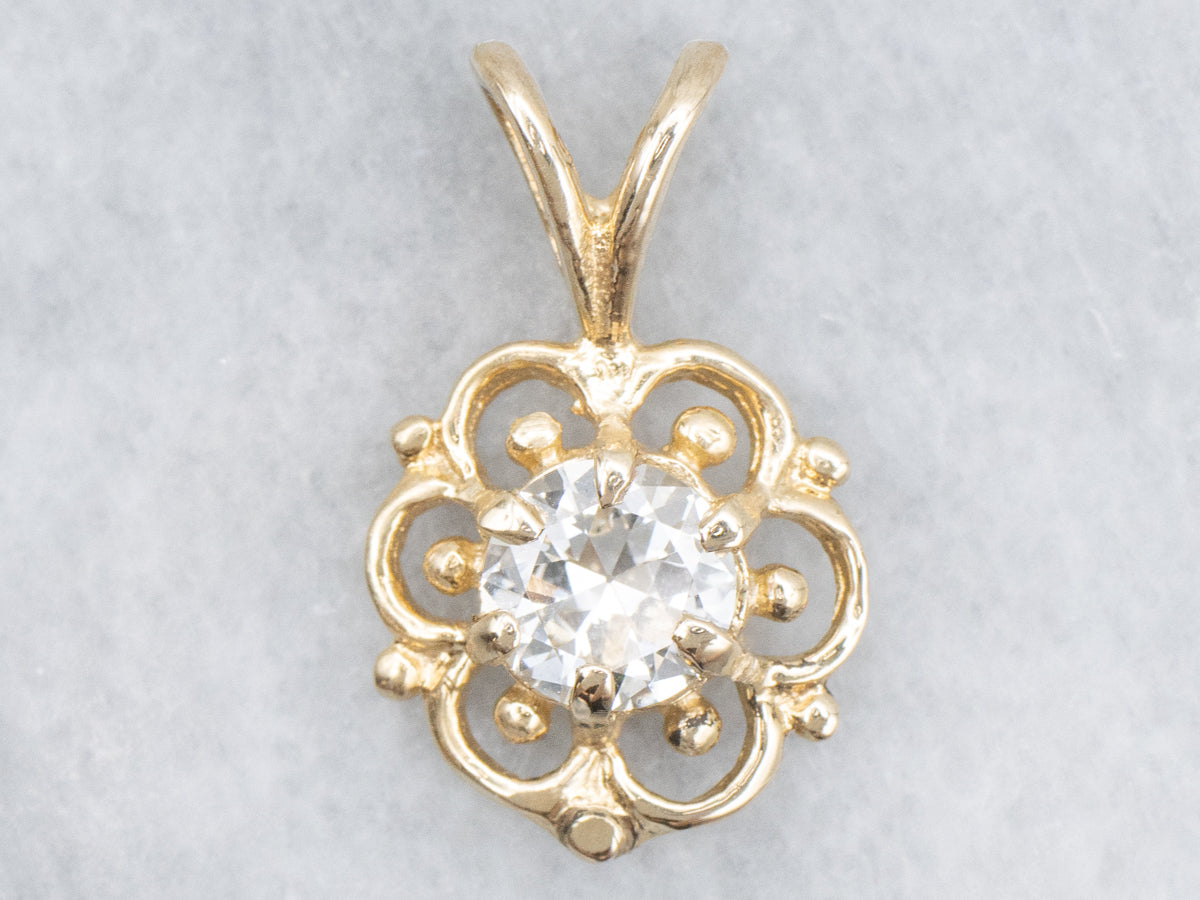 Scrolling Yellow Gold European Cut Diamond Pendant