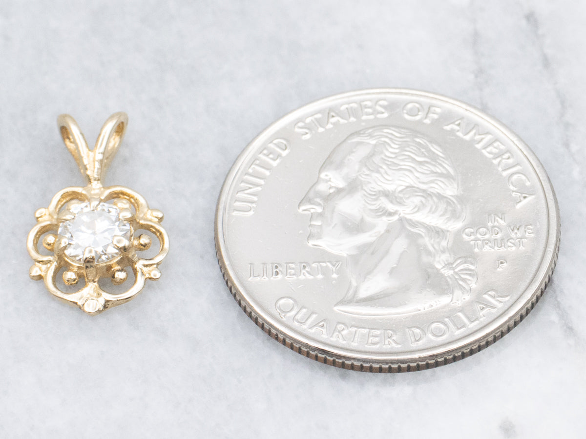 Scrolling Yellow Gold European Cut Diamond Pendant