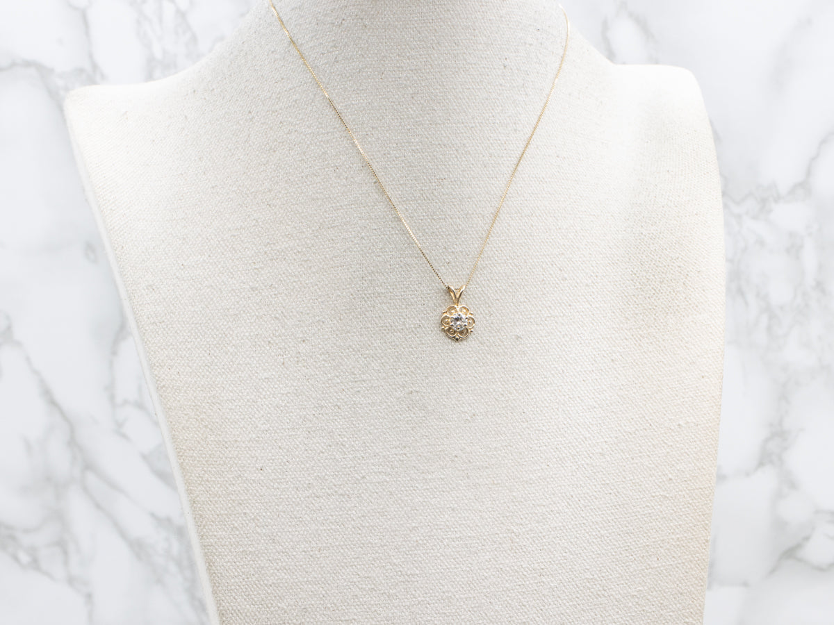 Scrolling Yellow Gold European Cut Diamond Pendant