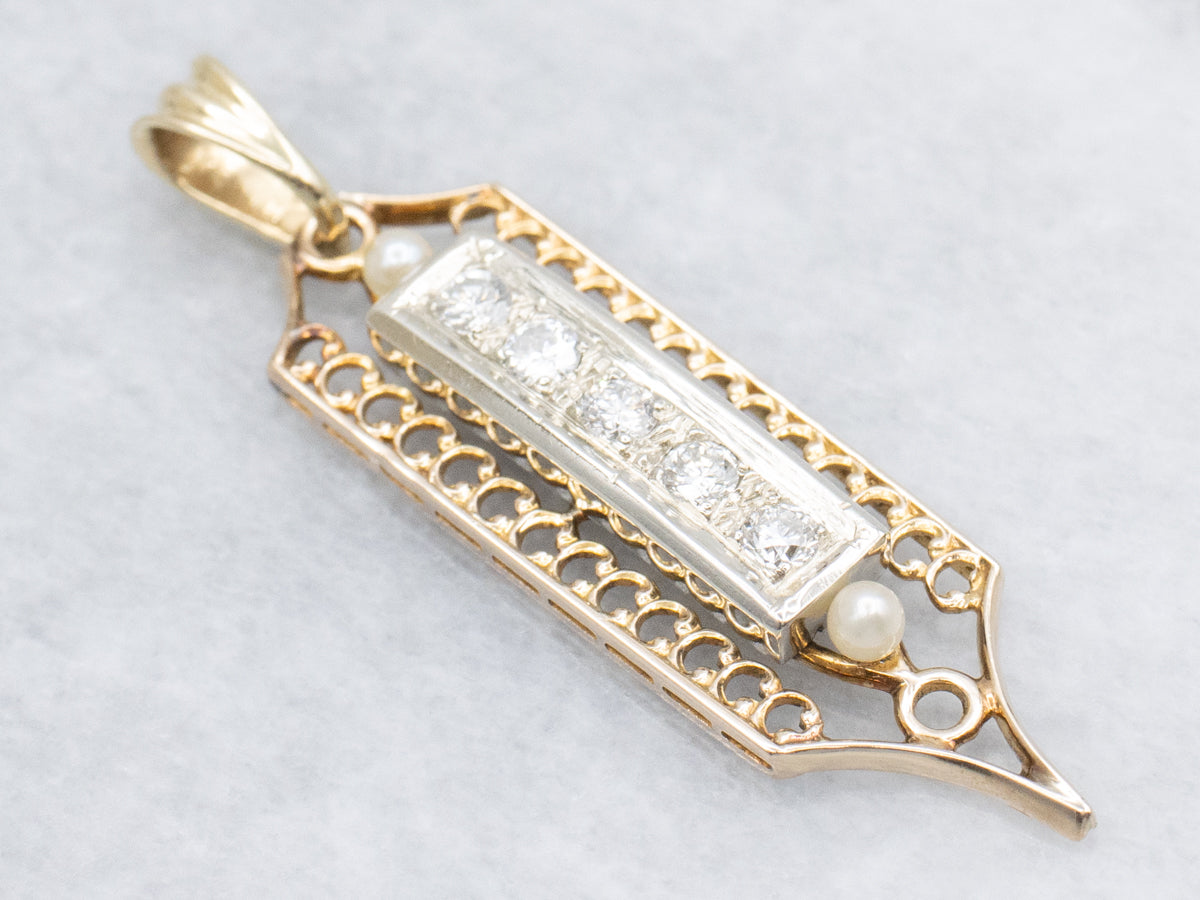 Two-Tone Gold Diamond and Pearl Drop Pendant