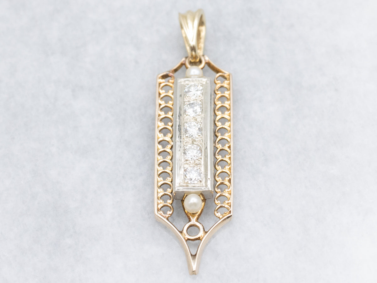 Two-Tone Gold Diamond and Pearl Drop Pendant