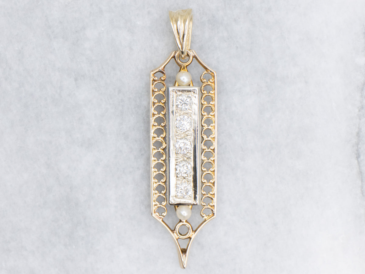 Two-Tone Gold Diamond and Pearl Drop Pendant
