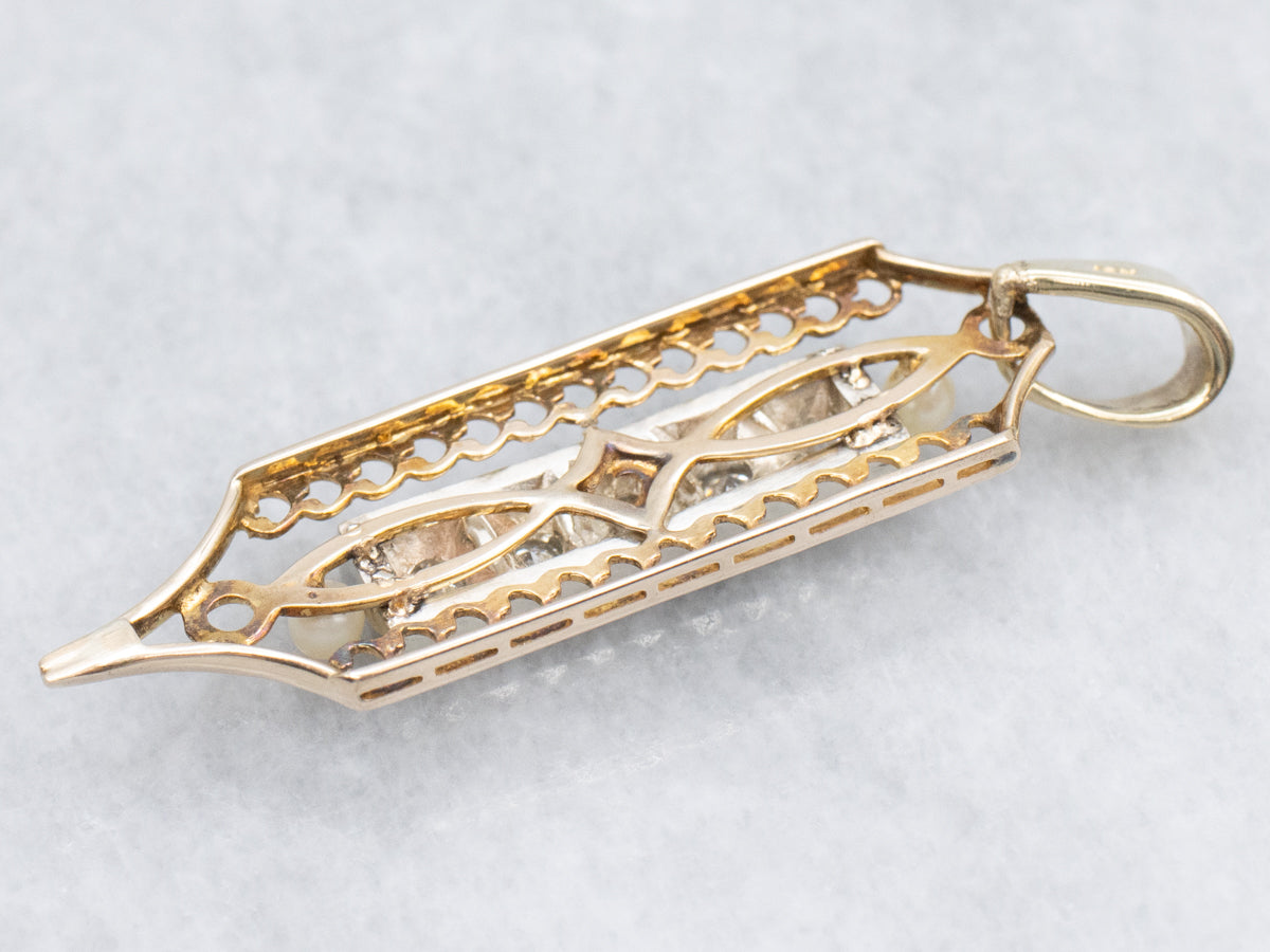 Two-Tone Gold Diamond and Pearl Drop Pendant