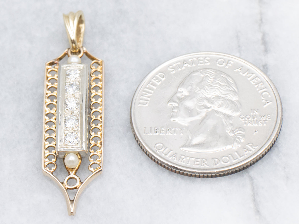 Two-Tone Gold Diamond and Pearl Drop Pendant