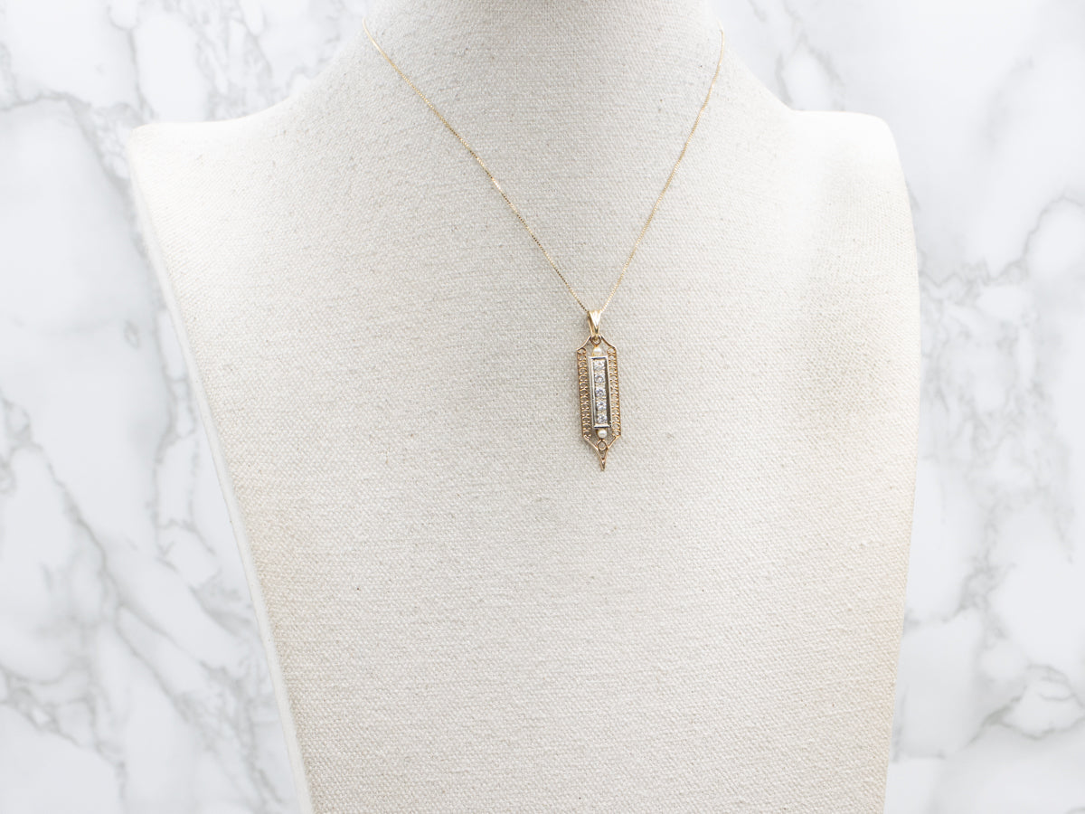 Two-Tone Gold Diamond and Pearl Drop Pendant