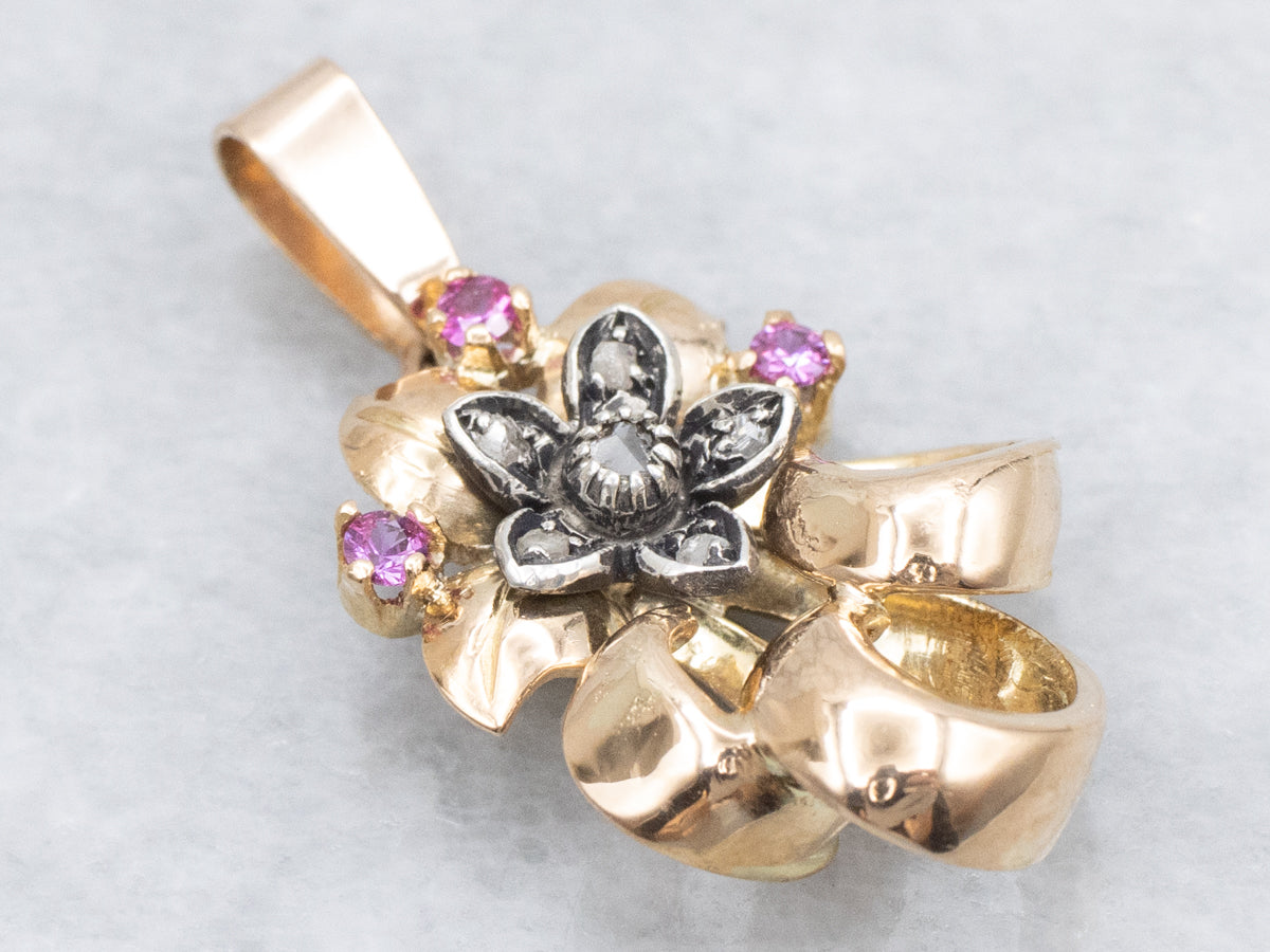 Retro Era Diamond and Ruby Mix Metal Flower Pendant