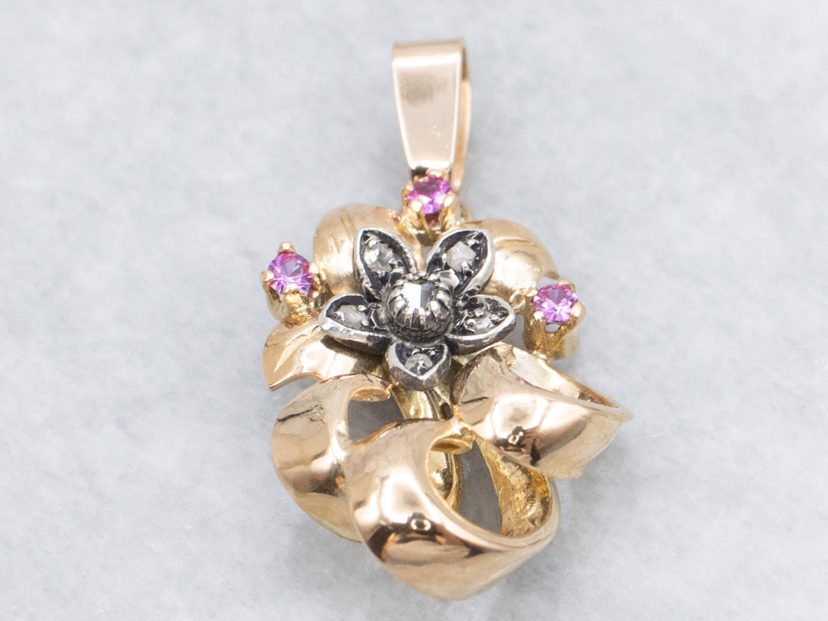 Retro Era Diamond and Ruby Mix Metal Flower Pendant