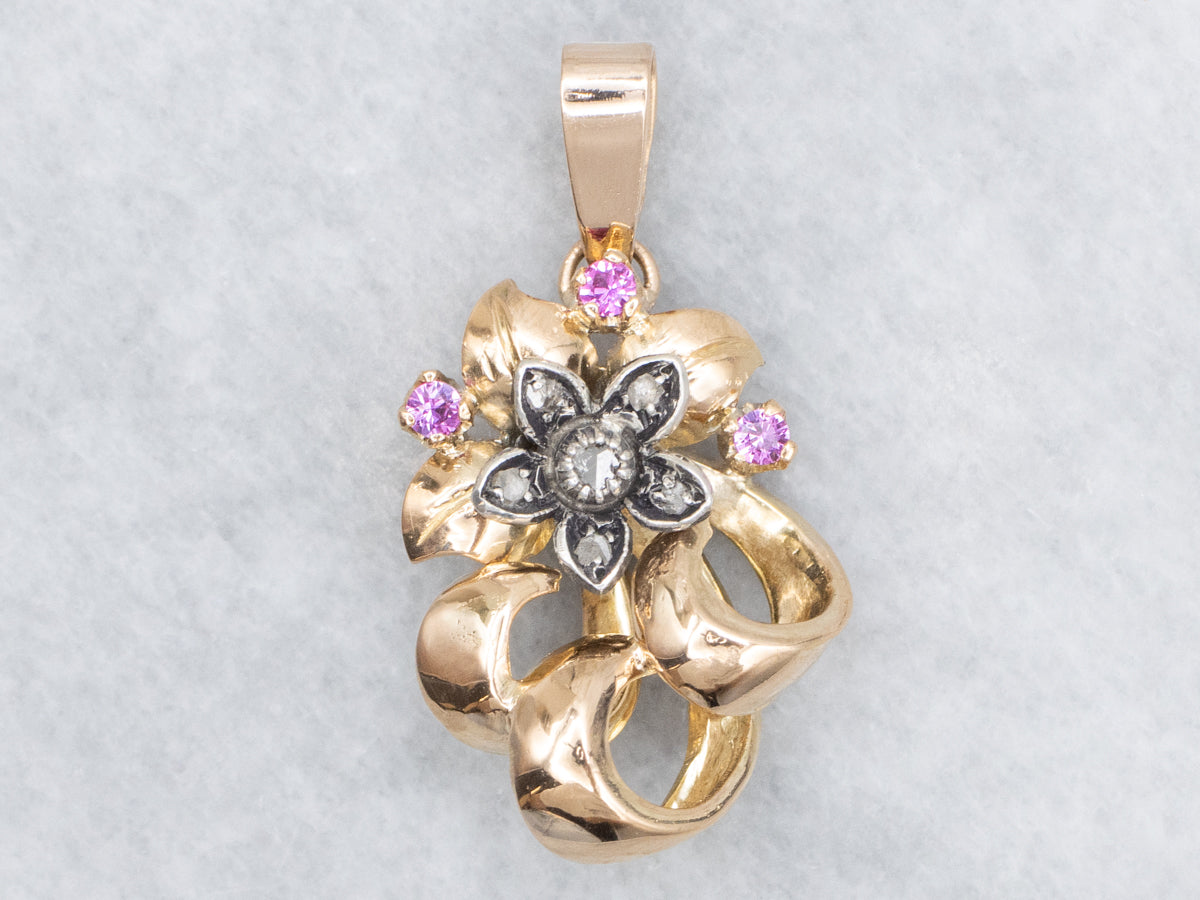Retro Era Diamond and Ruby Mix Metal Flower Pendant