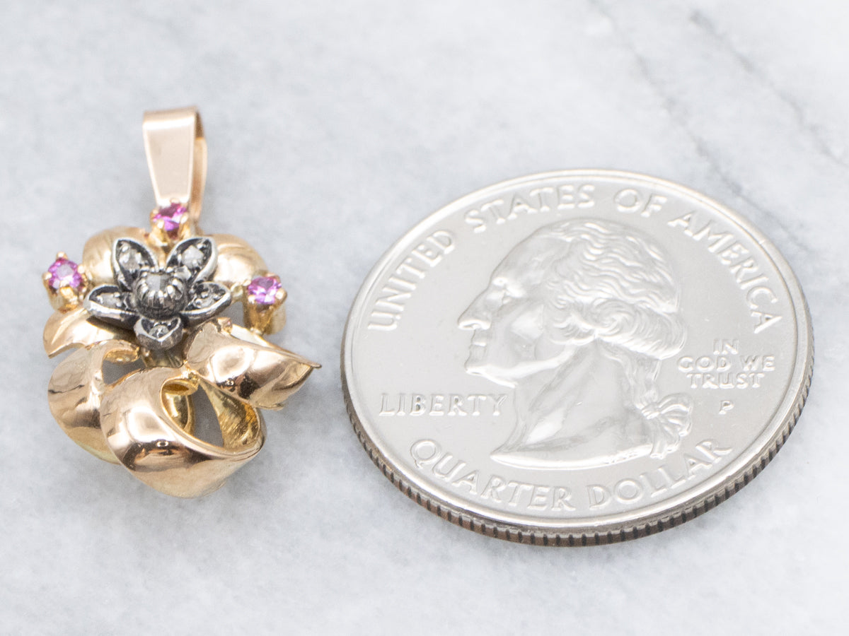 Retro Era Diamond and Ruby Mix Metal Flower Pendant