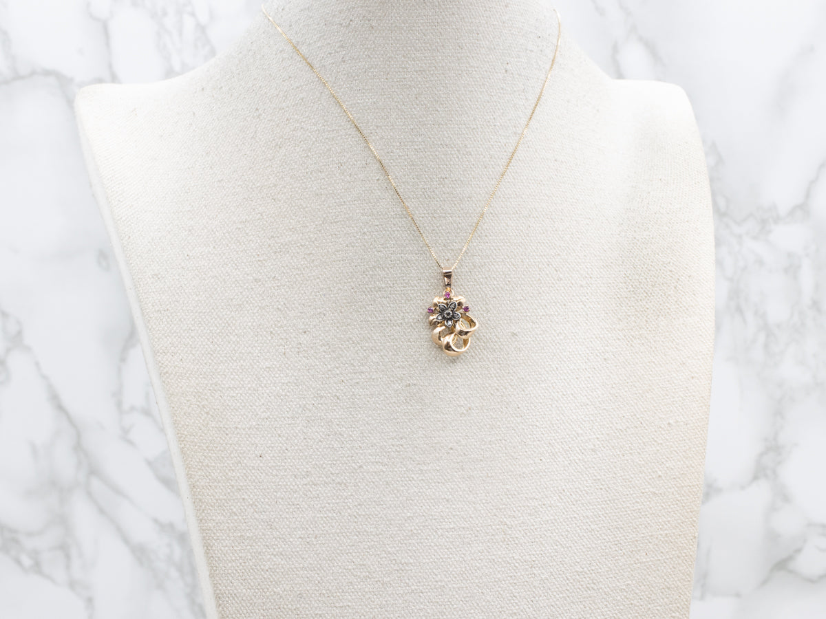 Retro Era Diamond and Ruby Mix Metal Flower Pendant