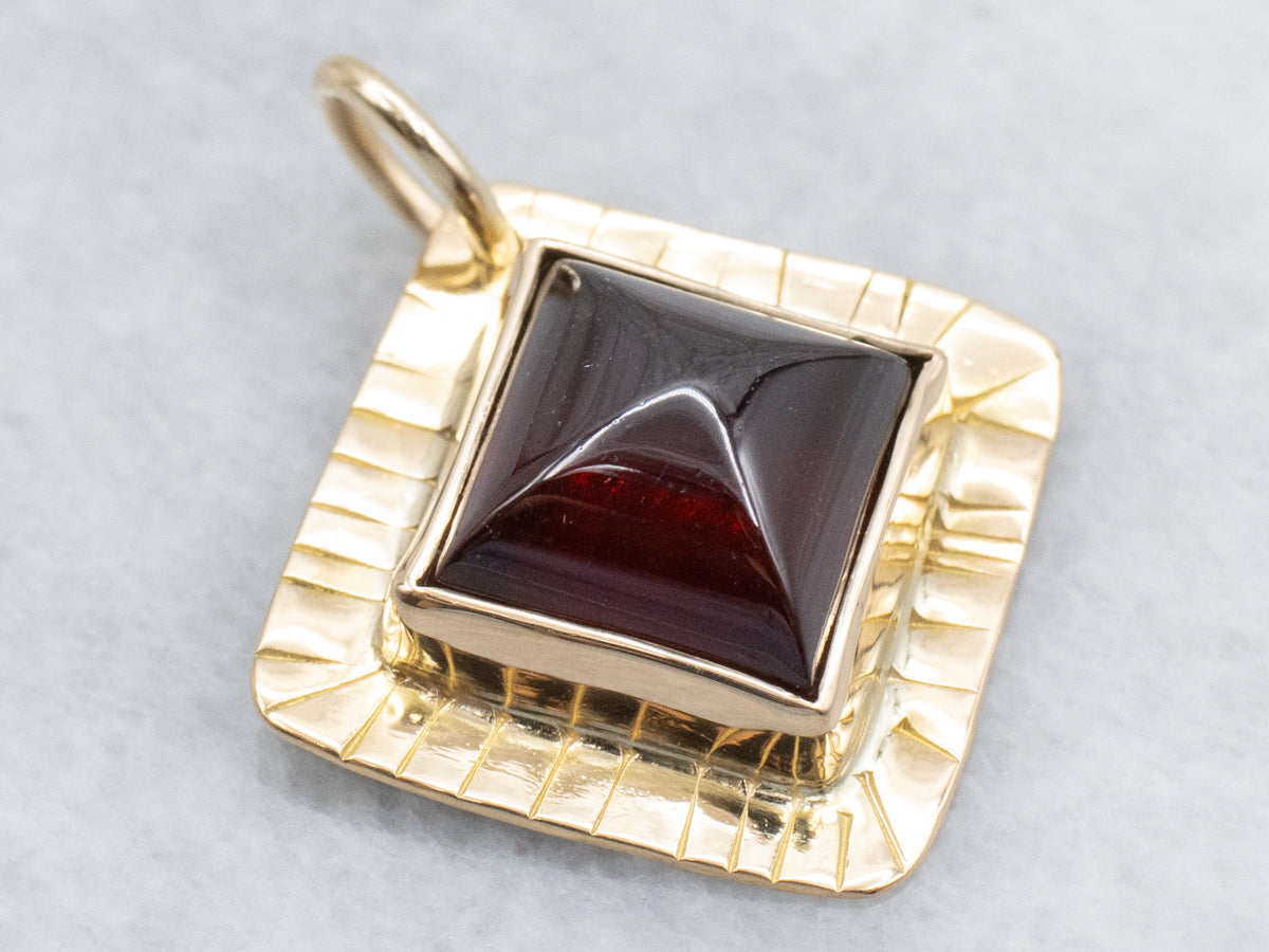 Squared Garnet Cabochon Yellow Gold Pendant