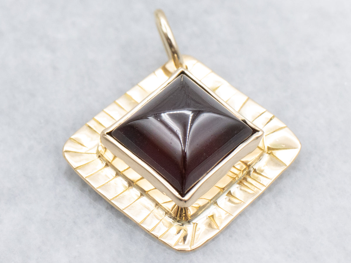 Squared Garnet Cabochon Yellow Gold Pendant
