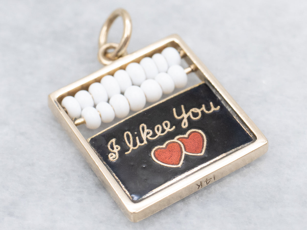 Vintage Gold Enamel Chalkboard "I Likee You" Beaded Abacus Charm Pendant