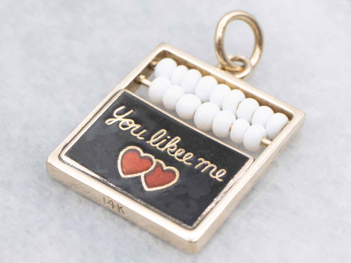 Vintage Gold Enamel Chalkboard "I Likee You" Beaded Abacus Charm Pendant