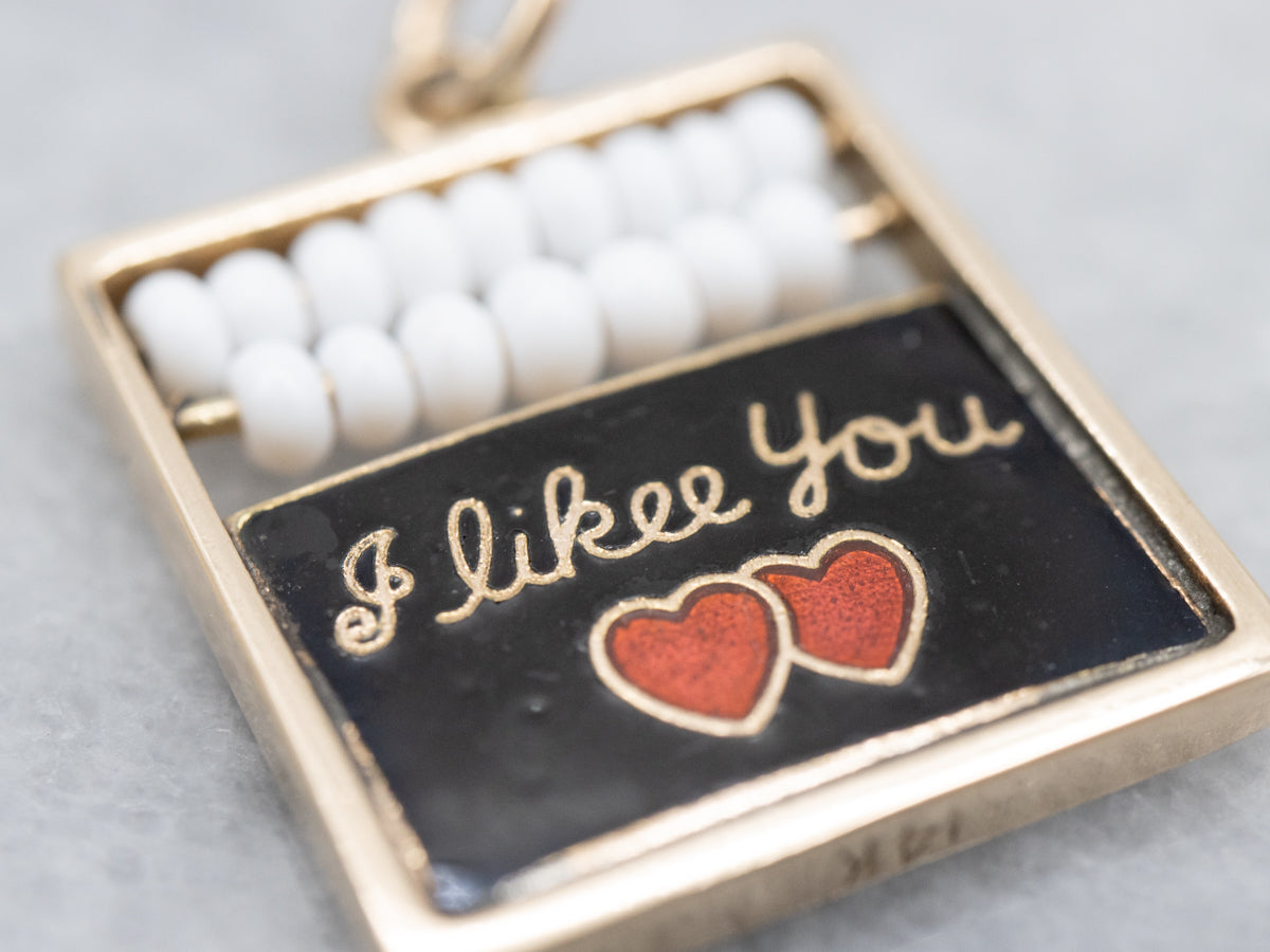 Vintage Gold Enamel Chalkboard "I Likee You" Beaded Abacus Charm Pendant