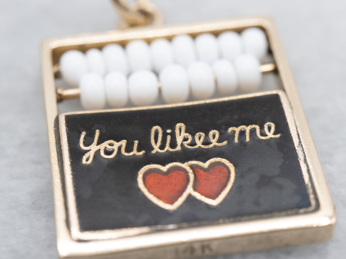 Vintage Gold Enamel Chalkboard "I Likee You" Beaded Abacus Charm Pendant