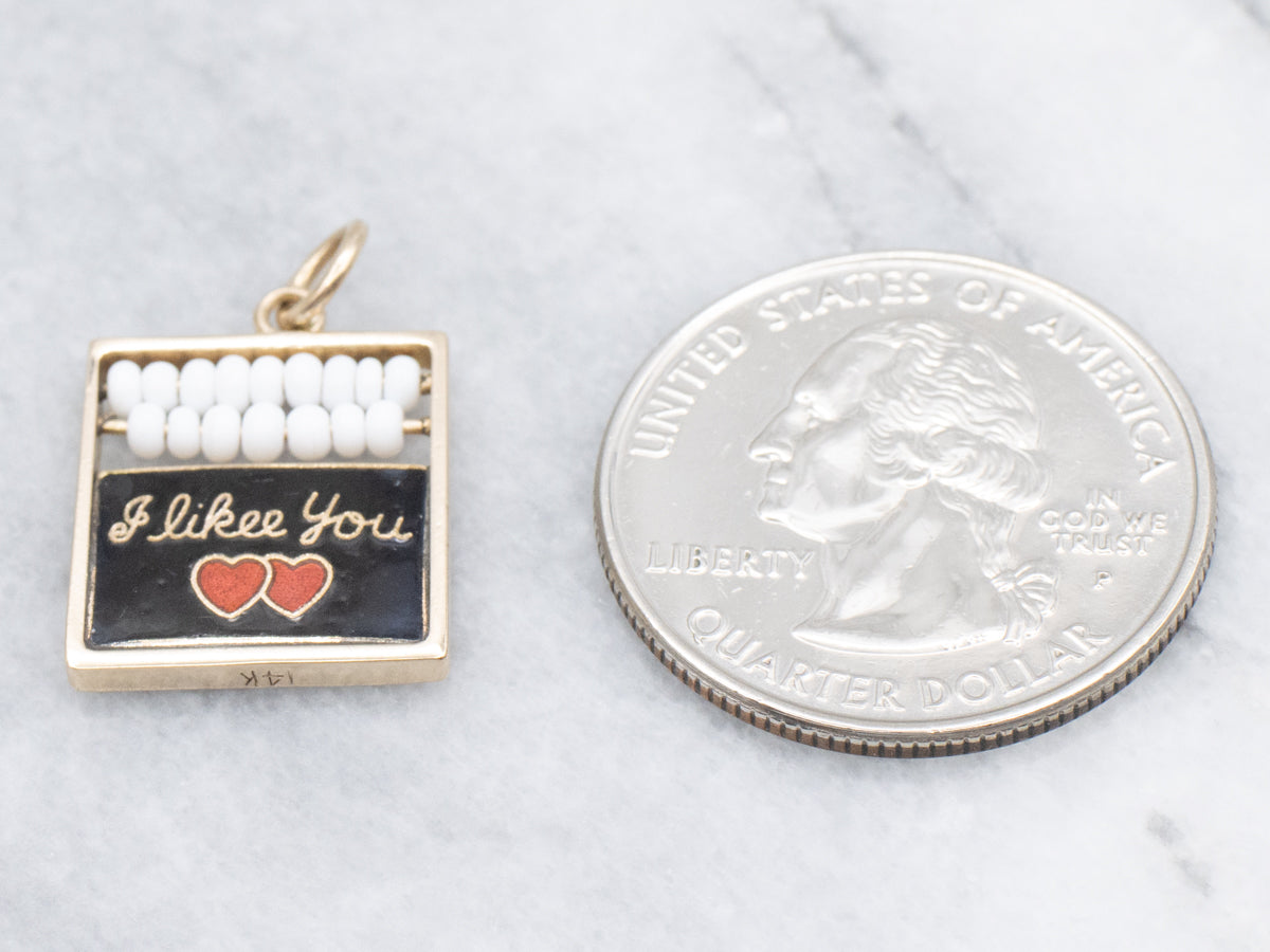 Vintage Gold Enamel Chalkboard "I Likee You" Beaded Abacus Charm Pendant