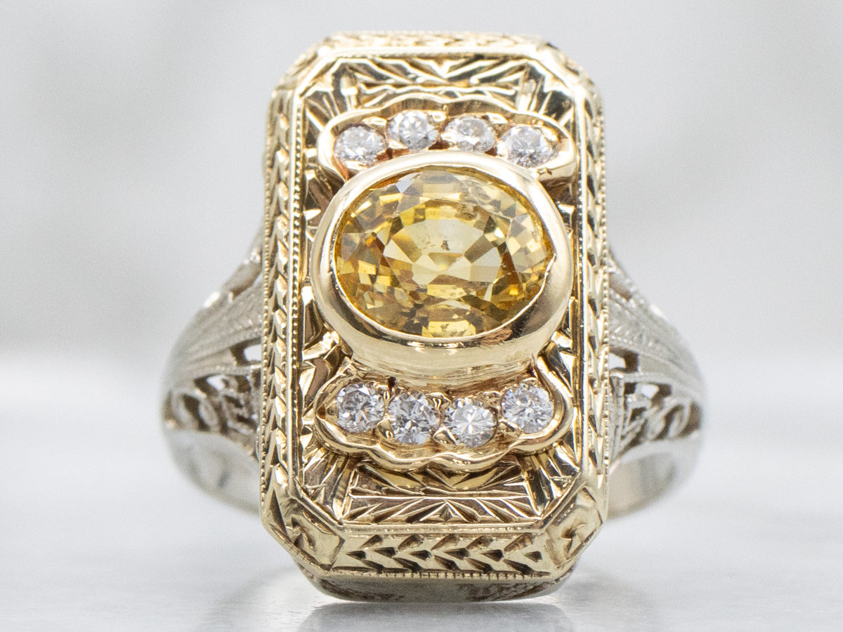 Mix-Era Yellow Sapphire and Diamond Filigree Dinner Ring