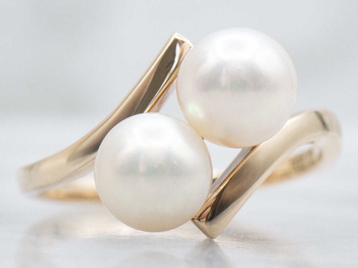 Double Saltwater Pearl and Gold Bypass Ring