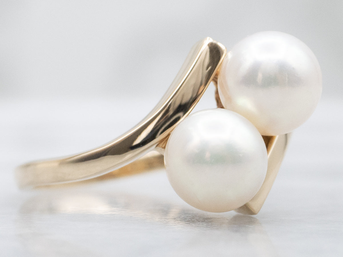 Double Saltwater Pearl and Gold Bypass Ring