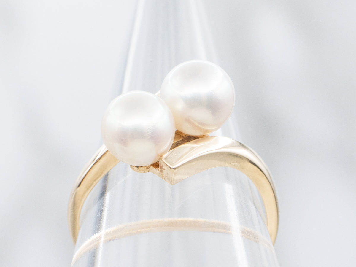 Double Saltwater Pearl and Gold Bypass Ring