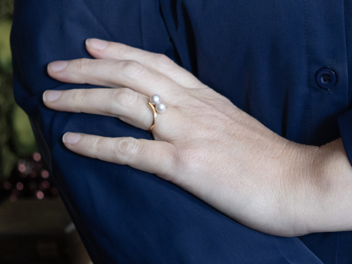 Double Saltwater Pearl and Gold Bypass Ring