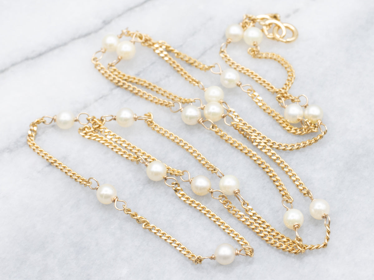 Long Saltwater Pearl Gold Station Link Necklace
